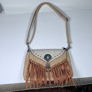 Fringed Crossbody Shoulder Bag with Turquoise Accent - Beige
